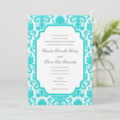 Deep Aqua Weddings Damask Border Sjabloon Kaart (Staand voorkant)
