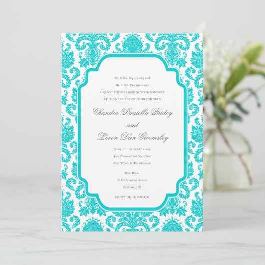 Deep Aqua Weddings Damask Border Sjabloon Kaart (Staand voorkant)