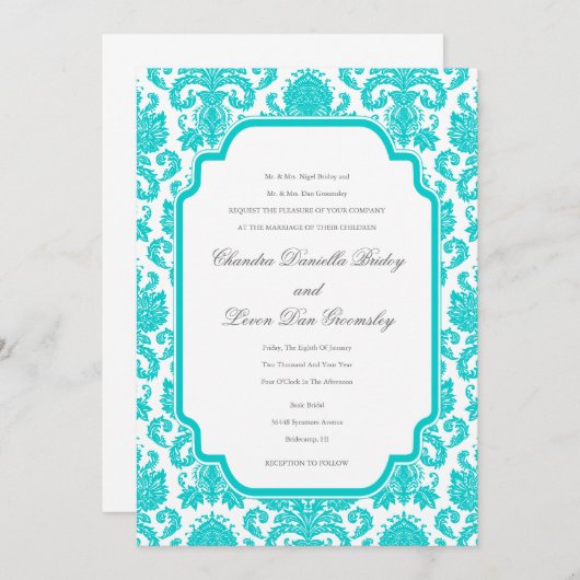 Deep Aqua Weddings Damask Border Sjabloon Kaart (Voorkant / Achterkant)