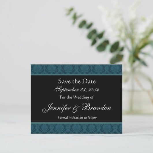 Deep Blauwgroen Blue Damask Save Date Briefkaart (Staand voorkant)