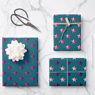 Deep Blauwgroen Blue Pink Violet Paarse Stars Inpakpapier Vel