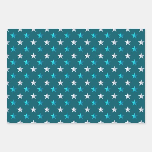 Deep Blauwgroen Blue Silver Gold Stars Inpakpapier Vel (Voorkant 3)