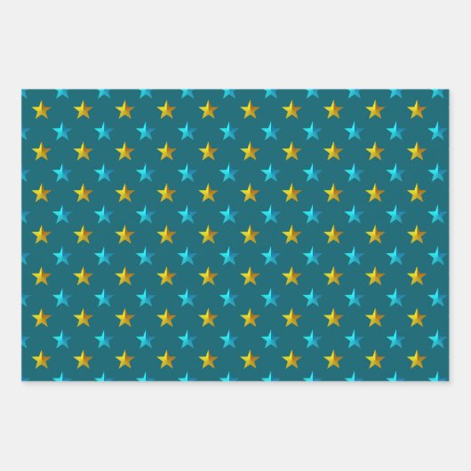 Deep Blauwgroen Blue Silver Gold Stars Inpakpapier Vel (Voorkant 2)