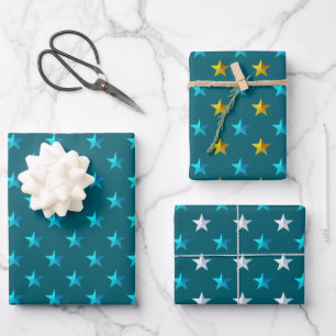 Deep Blauwgroen Blue Silver Gold Stars Inpakpapier Vel