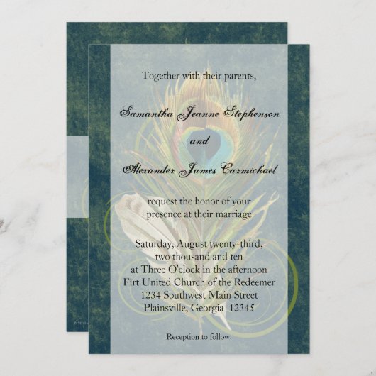 Deep Blauwgroen Peacock Feather Bruiloft Uitnodigi Kaart (Voorkant / Achterkant)