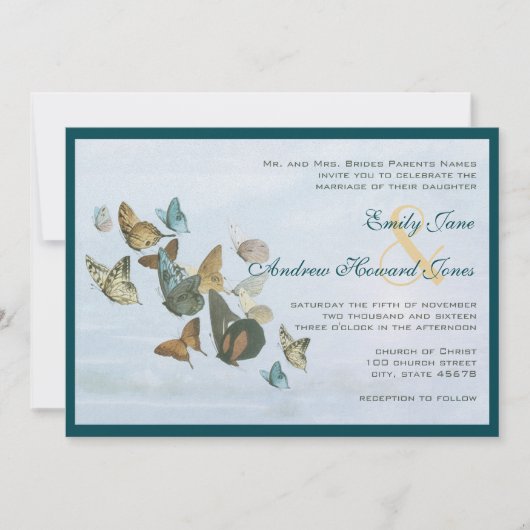 Deep Blauwgroen Whimsical Butterfly Weduwuitnodigi Kaart (Voorkant)