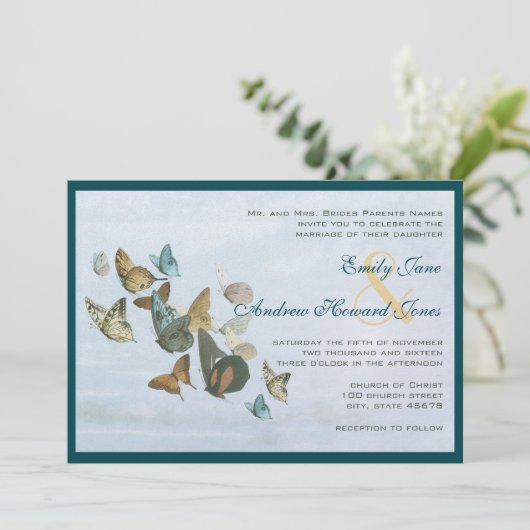 Deep Blauwgroen Whimsical Butterfly Weduwuitnodigi Kaart (Staand voorkant)