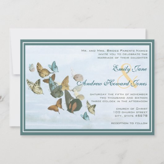 Deep Blauwgroen Whimsical Butterfly Weduwuitnodigi Kaart (Voorkant)
