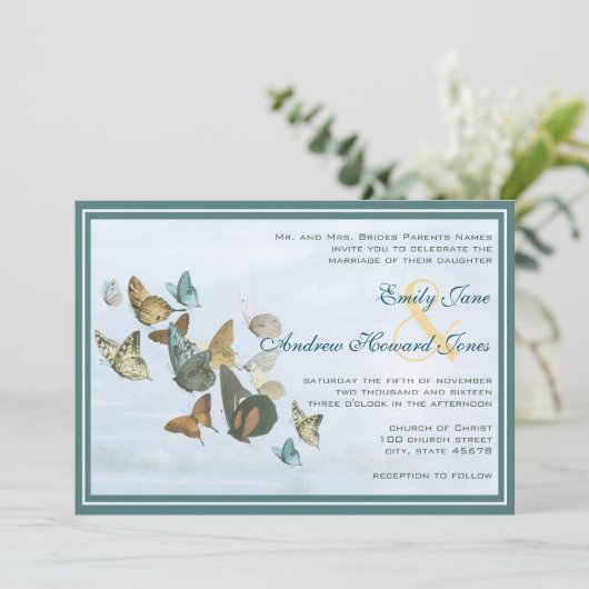 Deep Blauwgroen Whimsical Butterfly Weduwuitnodigi Kaart (Staand voorkant)