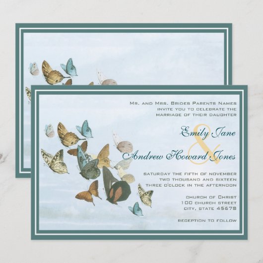 Deep Blauwgroen Whimsical Butterfly Weduwuitnodigi Kaart (Voorkant / Achterkant)