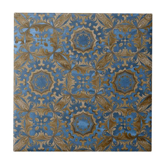 Deep Blue and Gold Ornate Medallion Pattern Tegeltje (Voorkant)