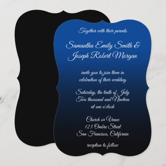 Deep Blue Black Ombre Elegant Calligraphy Wedding Kaart (Voorkant / Achterkant)