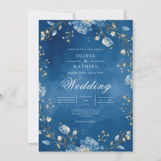 Deep Blue Bloemen Boog Wedding Kaart (Voorkant)