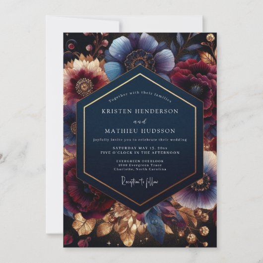 Deep Blue Botanical Bloom Wedding Kaart (Voorkant)