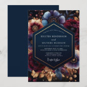 Deep Blue Botanical Bloom Wedding Kaart (Voorkant / Achterkant)