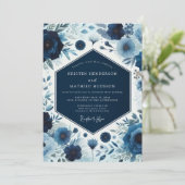 Deep Blue Botanical Bloom Wedding Kaart (Staand voorkant)
