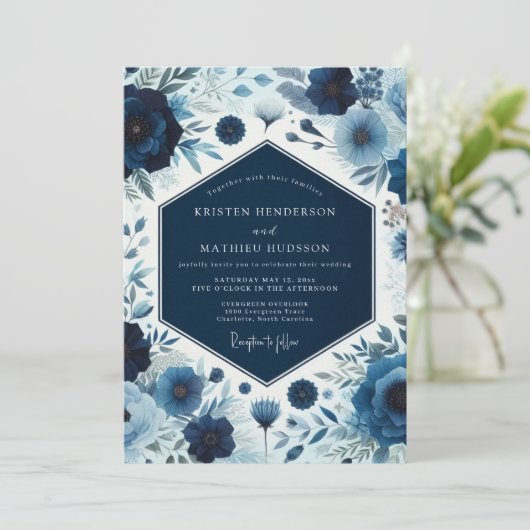 Deep Blue Botanical Bloom Wedding Kaart (Staand voorkant)