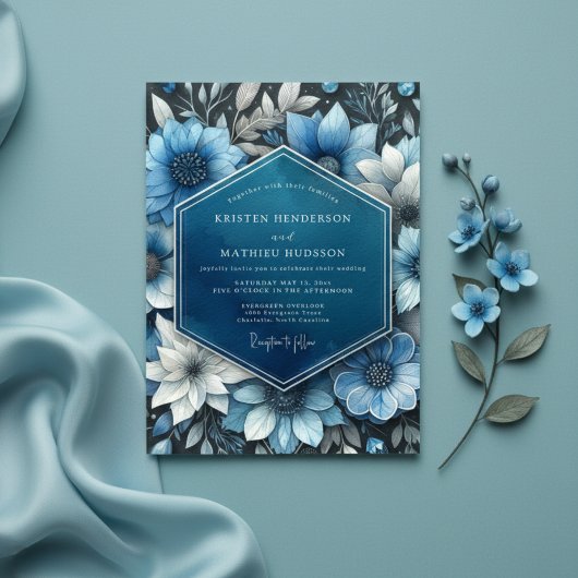 Deep Blue Botanical Opulence Wedding Kaart