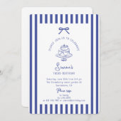 Deep Blue Bow, Striped Blue verjaardagsuitnodiging Kaart (Voorkant / Achterkant)