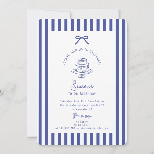 Deep Blue Bow, Striped Blue verjaardagsuitnodiging Kaart (Voorkant)