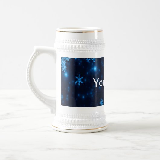 Deep Blue & Bright Snowflakes Stein Voeg Jouw naam Bierpul (Links)
