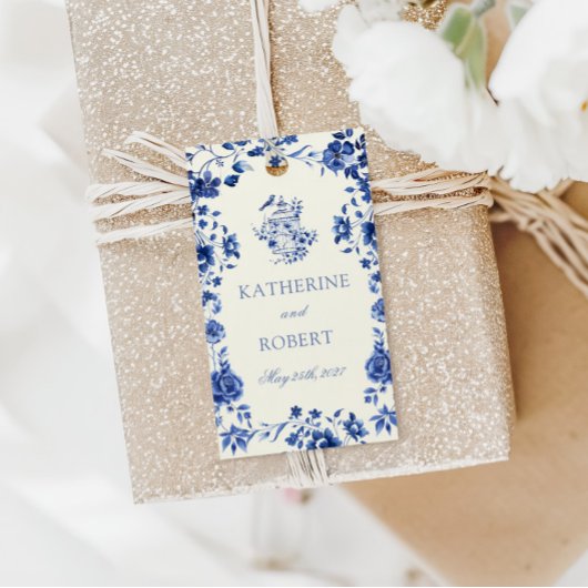 Deep Blue Chinoiserie Bloemen Huwelijk Cadeaulabel