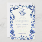 Deep Blue Chinoiserie  Bloemen Huwelijk Kaart (Voorkant)