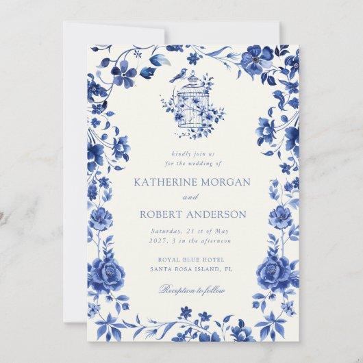 Deep Blue Chinoiserie  Bloemen Huwelijk Kaart (Voorkant)