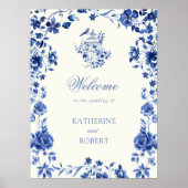 Deep Blue Chinoiserie  Bloemen Huwelijk Poster (Voorkant)