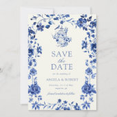 Deep Blue Chinoiserie Bloemen Huwelijk Save The Date (Voorkant)