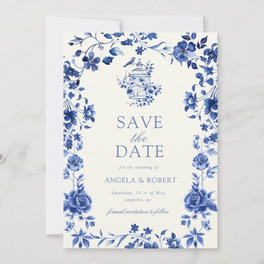 Deep Blue Chinoiserie  Bloemen Huwelijk Save The Date (Voorkant)