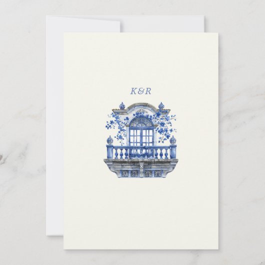 Deep Blue Chinoiserie  Bloemen Huwelijk Save The Date (Achterkant)