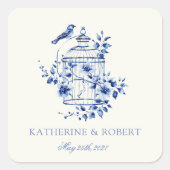 Deep Blue Chinoiserie  Bloemen Huwelijk Vierkante Sticker (Voorkant)