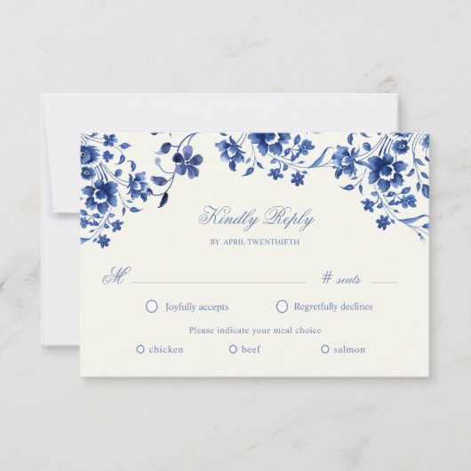 Deep Blue Chinoiserie Floral RSVP Maaltijdkeuze Ka (Voorkant)