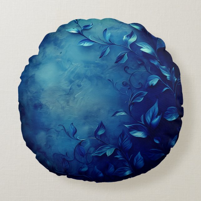 Deep Blue Decorative Leaves Rond Kussen (Voorkant)