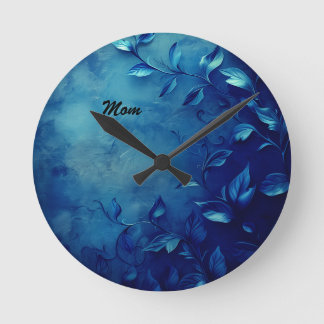 Deep Blue Decorative Leaves Ronde Klok