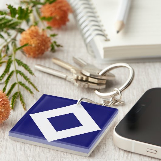 Deep Blue Diamond, blauwe, witte rand Sleutelhanger (Voorkant Rechts)