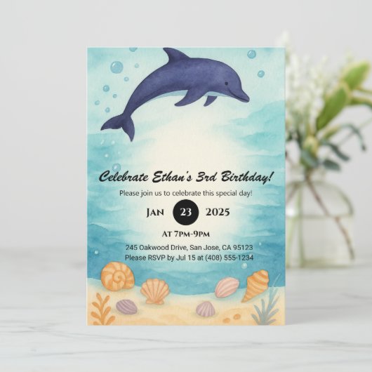 Deep Blue Dolphin & Seashell Ocean Birthday Kaart (Staand voorkant)