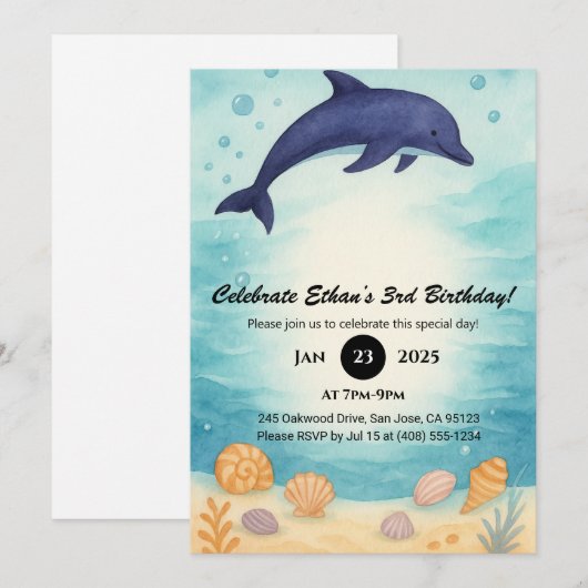 Deep Blue Dolphin & Seashell Ocean Birthday Kaart (Voorkant / Achterkant)