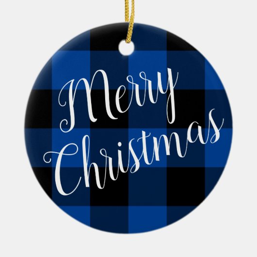 Deep Blue en Black Buffalo Plaid Vrolijk kerstfees Keramisch Ornament (Voorkant)