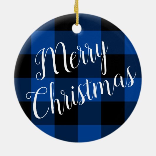 Deep Blue en Black Buffalo Plaid Vrolijk kerstfees Keramisch Ornament (Achterkant)