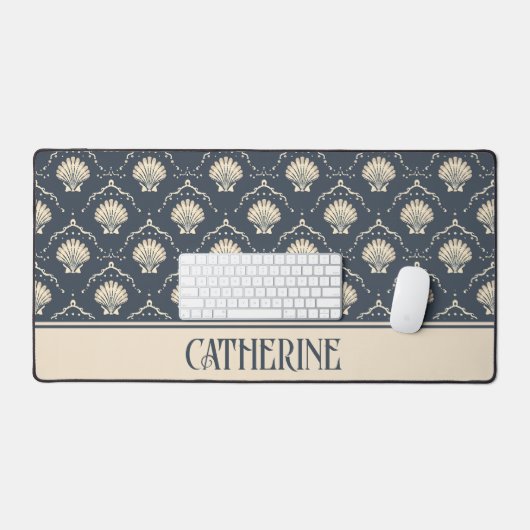 Deep Blue en Cream Seashell Patroon Gepersonalisee Bureaumat (Keyboard & Muis)