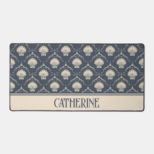 Deep Blue en Cream Seashell Patroon Gepersonalisee Bureaumat (Voorkant)