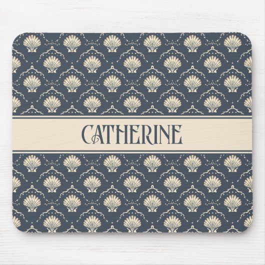 Deep Blue en Cream Seashell Patroon Gepersonalisee Muismat (Voorkant)