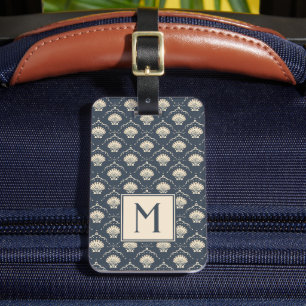 Deep Blue en Cream Seashell Patroon Monogram Bagagelabel