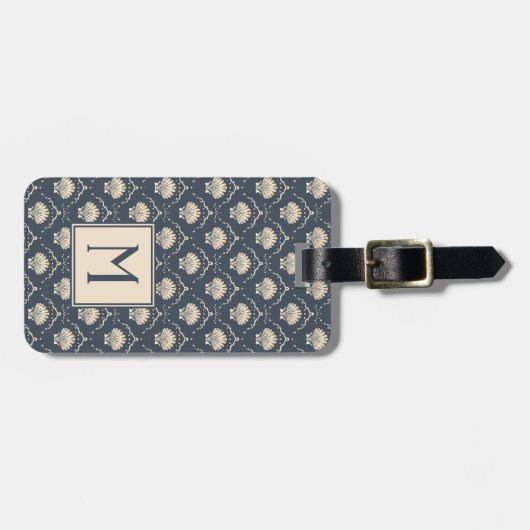 Deep Blue en Cream Seashell Patroon Monogram Bagagelabel (Voorkant horizontaal)