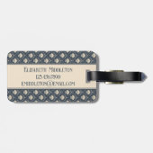 Deep Blue en Cream Seashell Patroon Monogram Bagagelabel (Achterkant horizontaal)
