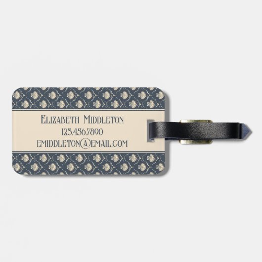 Deep Blue en Cream Seashell Patroon Monogram Bagagelabel (Achterkant horizontaal)