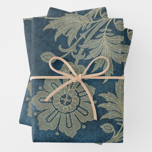 Deep Blue en Light Gold Flower Inpakpapier Vel (In situ)