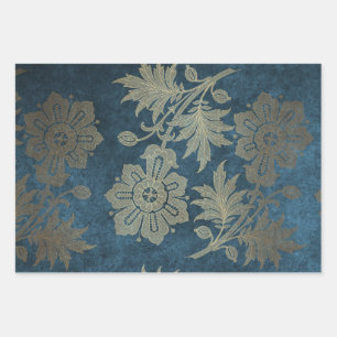 Deep Blue en Light Gold Flower Inpakpapier Vel